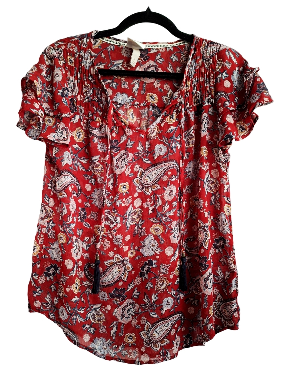 Knox Rose Red Floral Paisley V-Neck Peasant Retro Cottagecore small Blouse